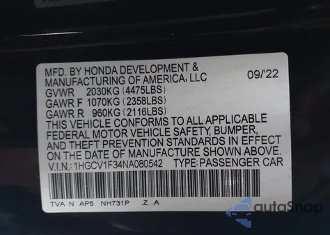 2022 Honda Accord Sport from USA, damaged, VIN 1HGCV1F34NA080542